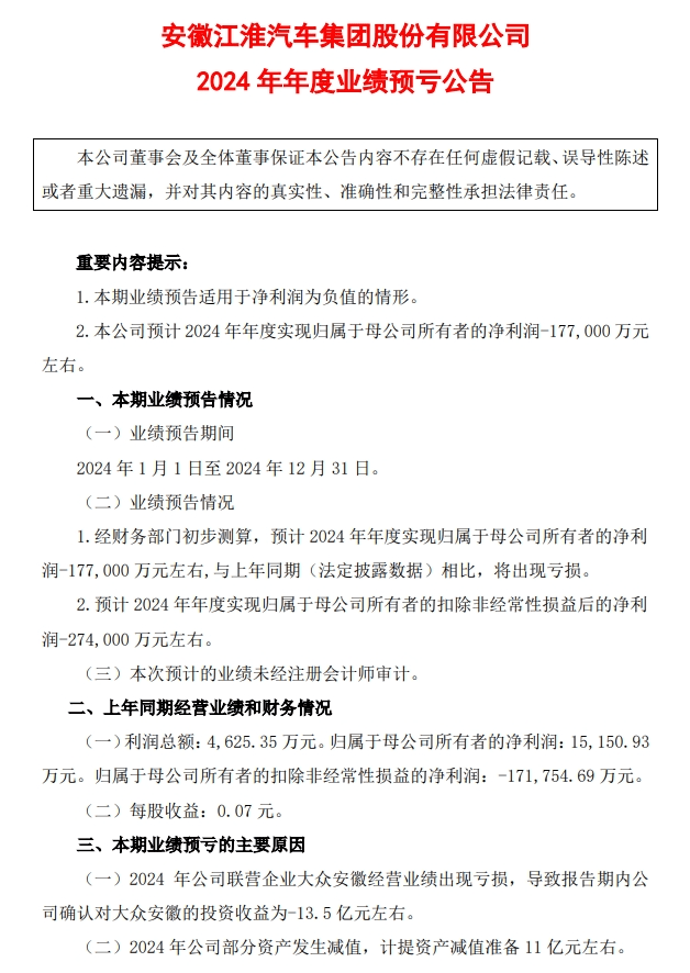 江淮汽车、北汽蓝谷最新业绩预告！